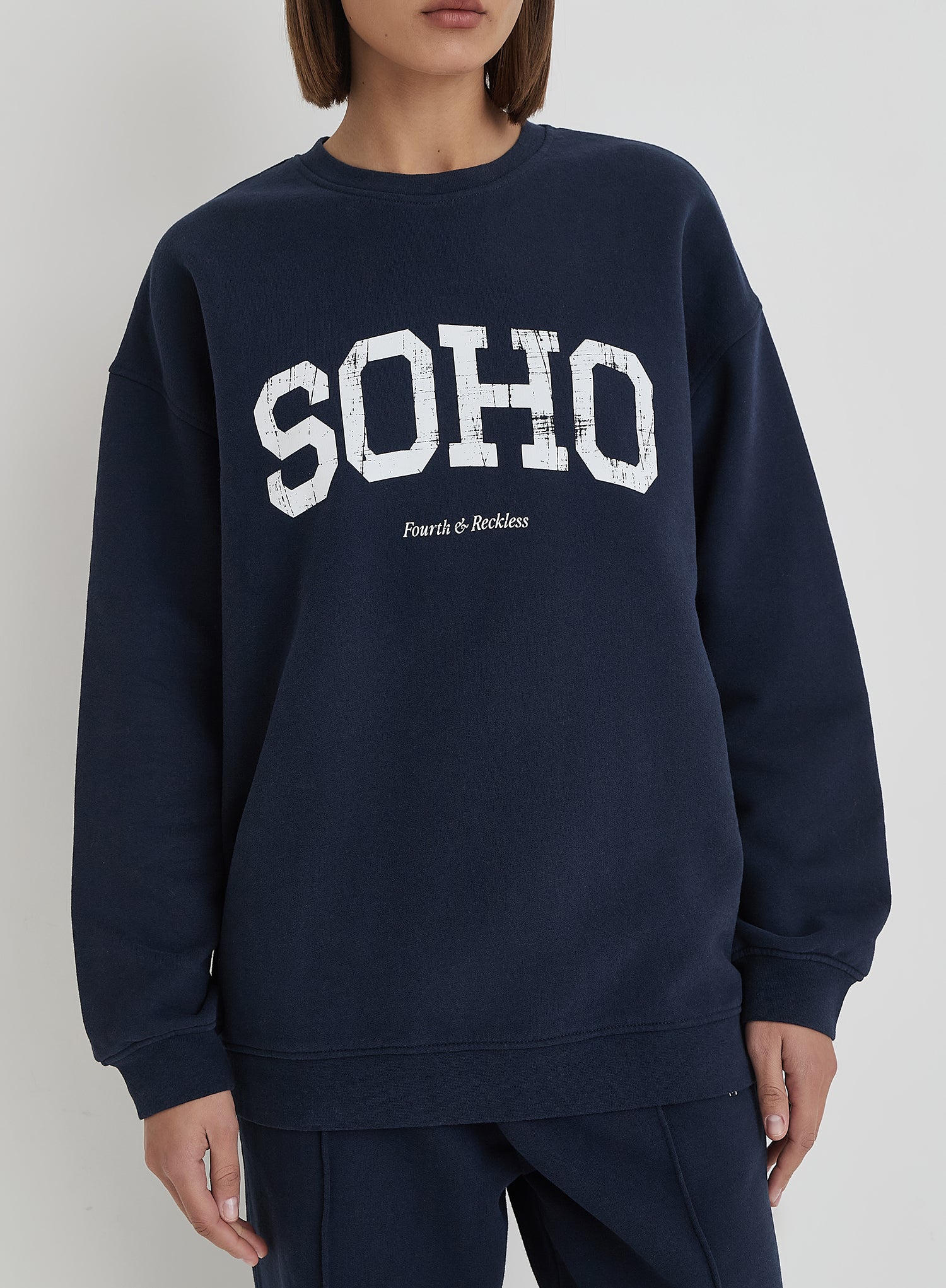 Navy Distressed Soho Slogan Classic Longline Sweatshirt